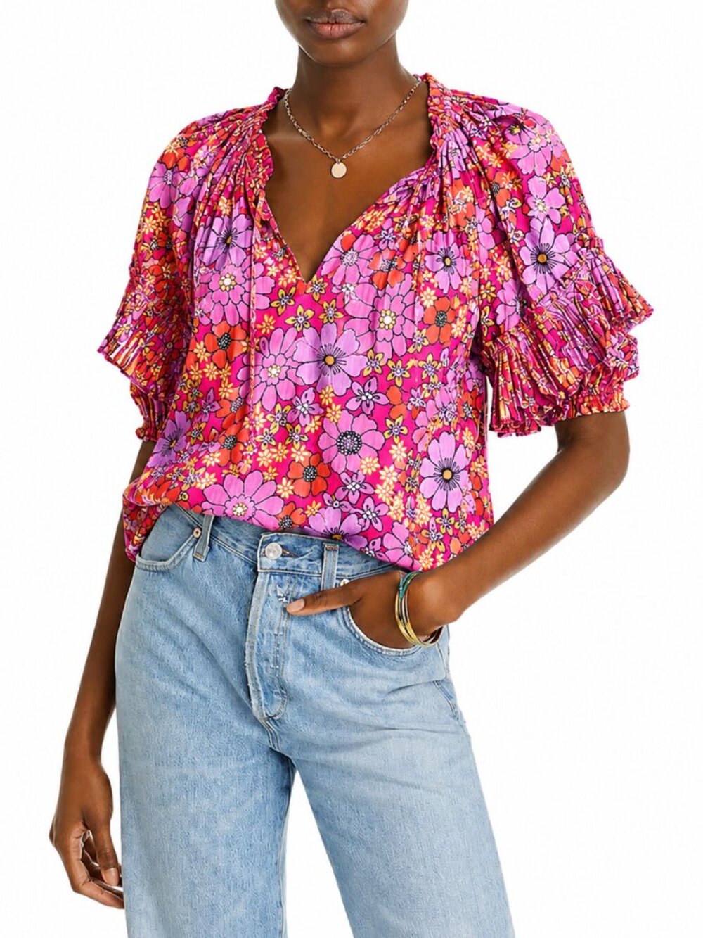 Ramy Brook Eugenia Pink Floral Print Ruffle Cotton Blouse Shirt SZ Small Boho